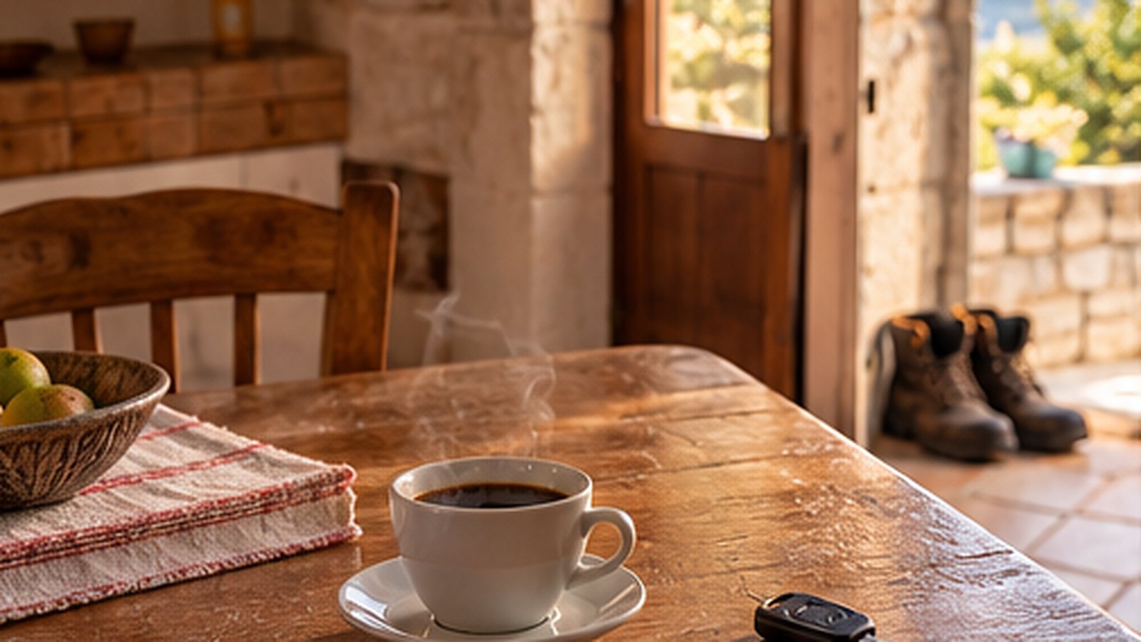 Tavolo da cucina con una tazza di caffè e la chiave dell’auto, scarpe da lavoro accanto alla porta