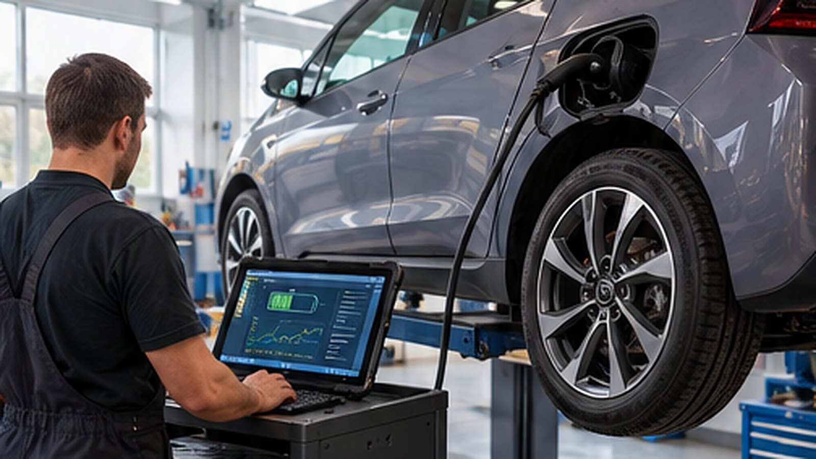 Techniker prüft mit Laptop den Akku eines gebrauchten Elektroautos in der Werkstatt