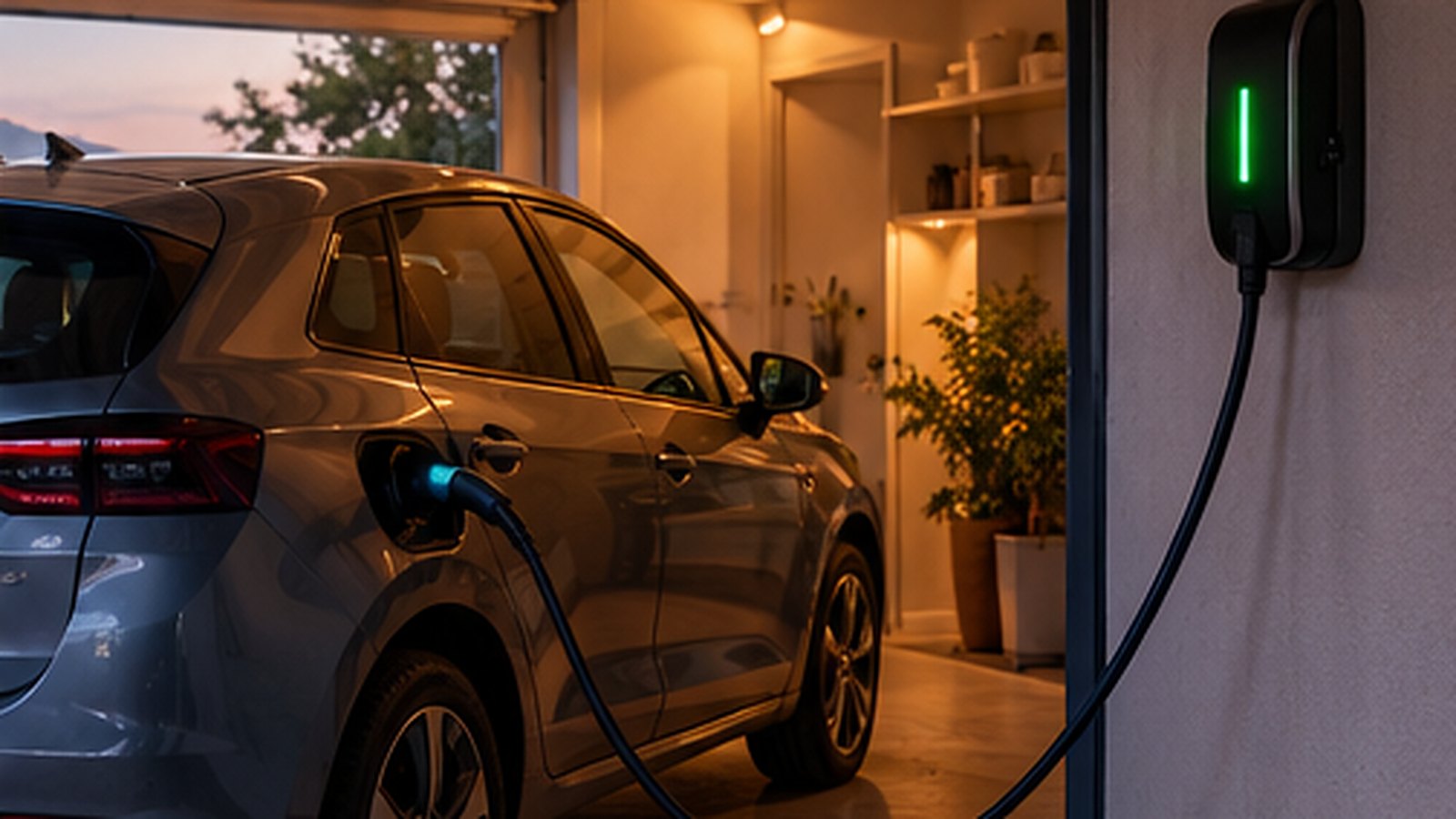 Gebrauchtes Elektroauto lädt an einer Wallbox in der Garage