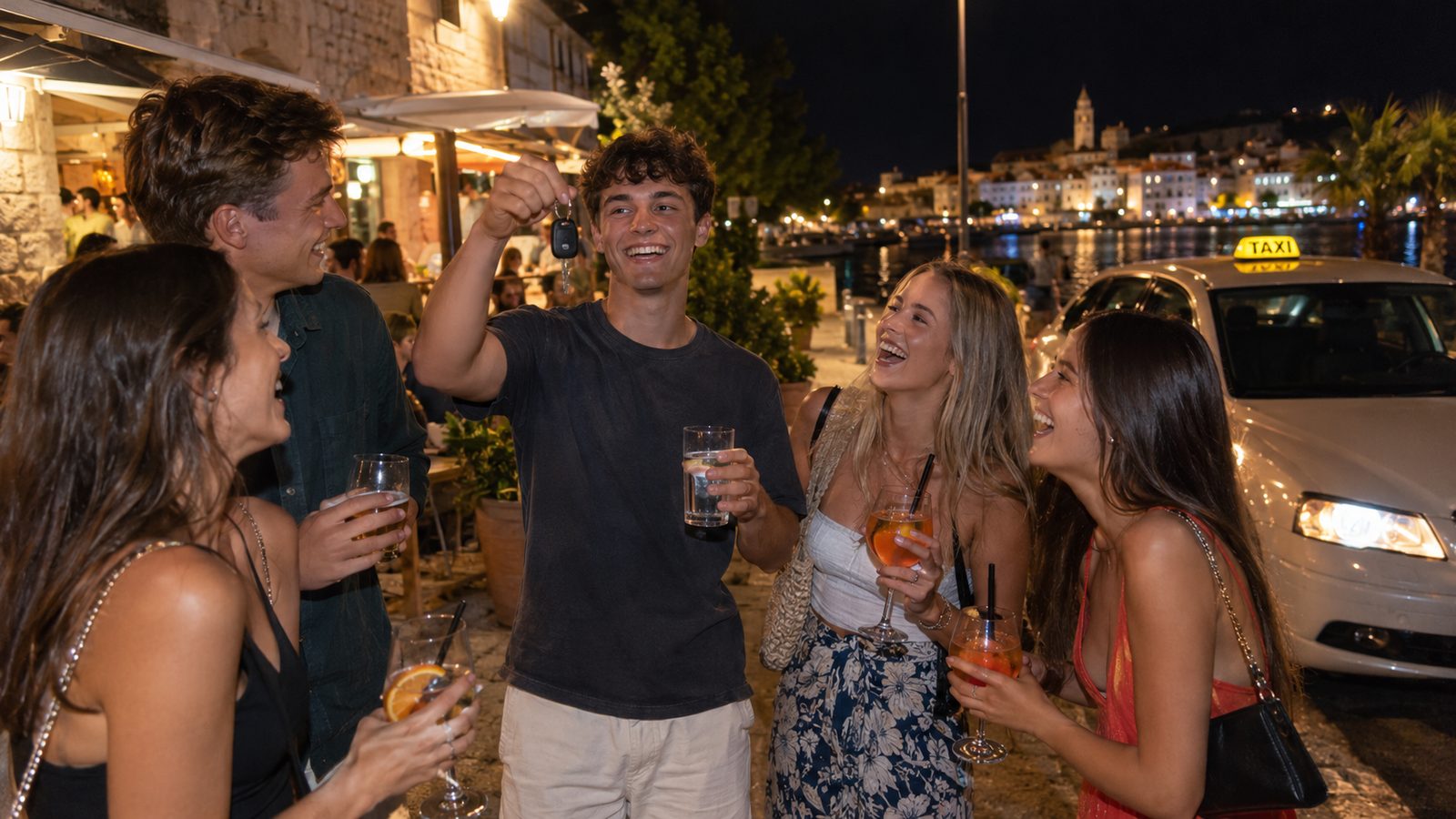 Young friends outside a seaside bar – one is the sober designated driver, a taxi waits in the background