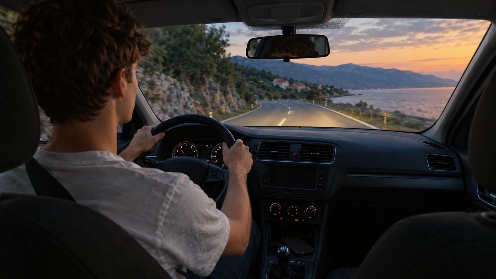 Young driver calmly driving a coastal road by the sea at dusk, phone lying face down