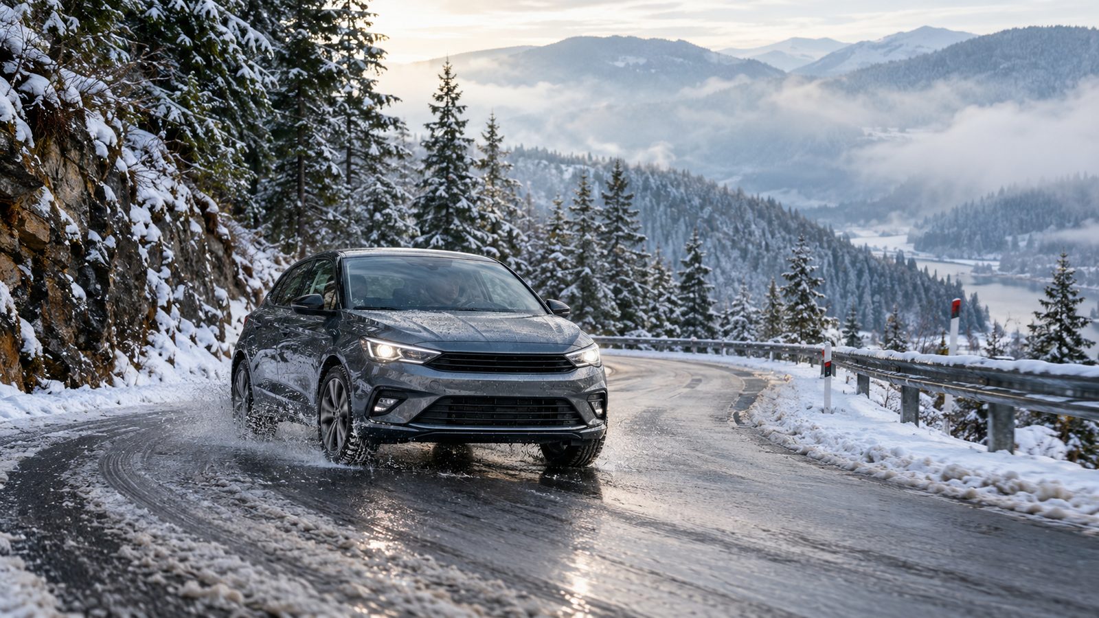 Auto mit Winterreifen auf verschneiter Bergstraße in Gorski kotar