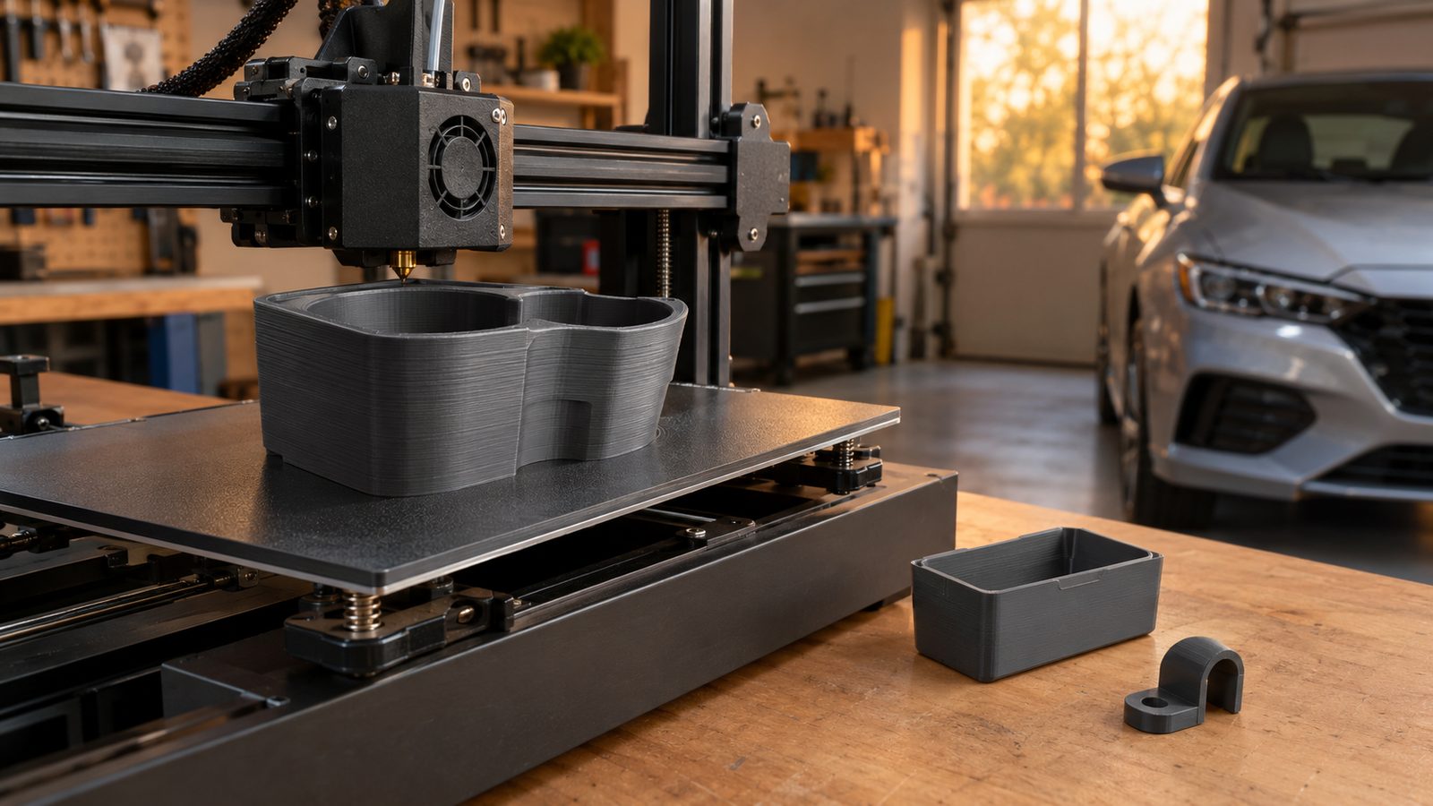 3D tiskalnik v garaži tiska držalo za kozarce za avto