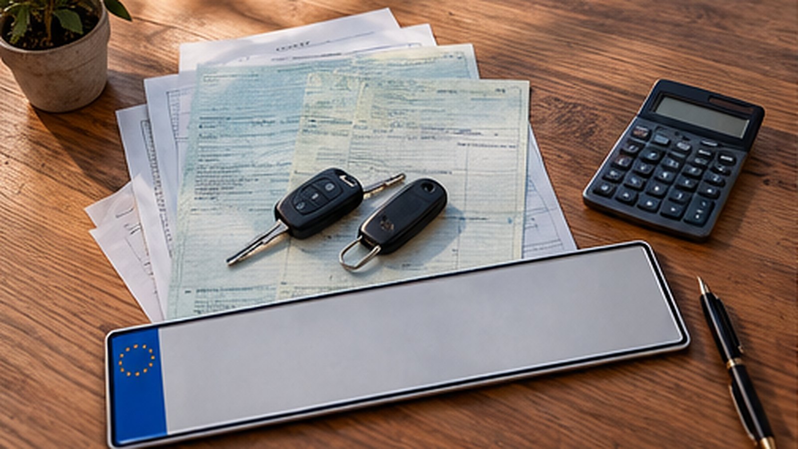 Vehicle documents, keys, a calculator and a blank number plate on a table