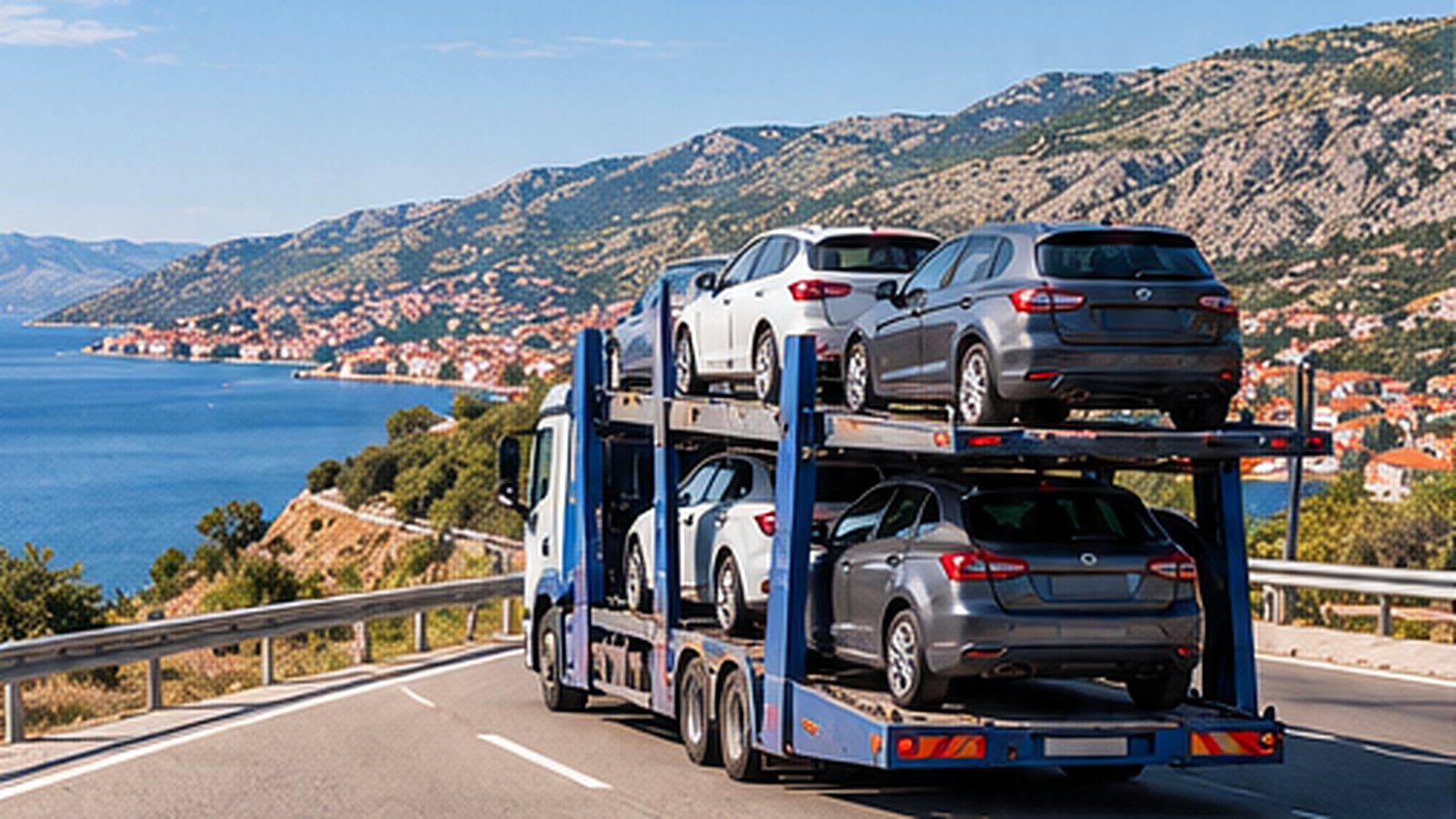 Car transporter with used cars on a coastal road in Croatia